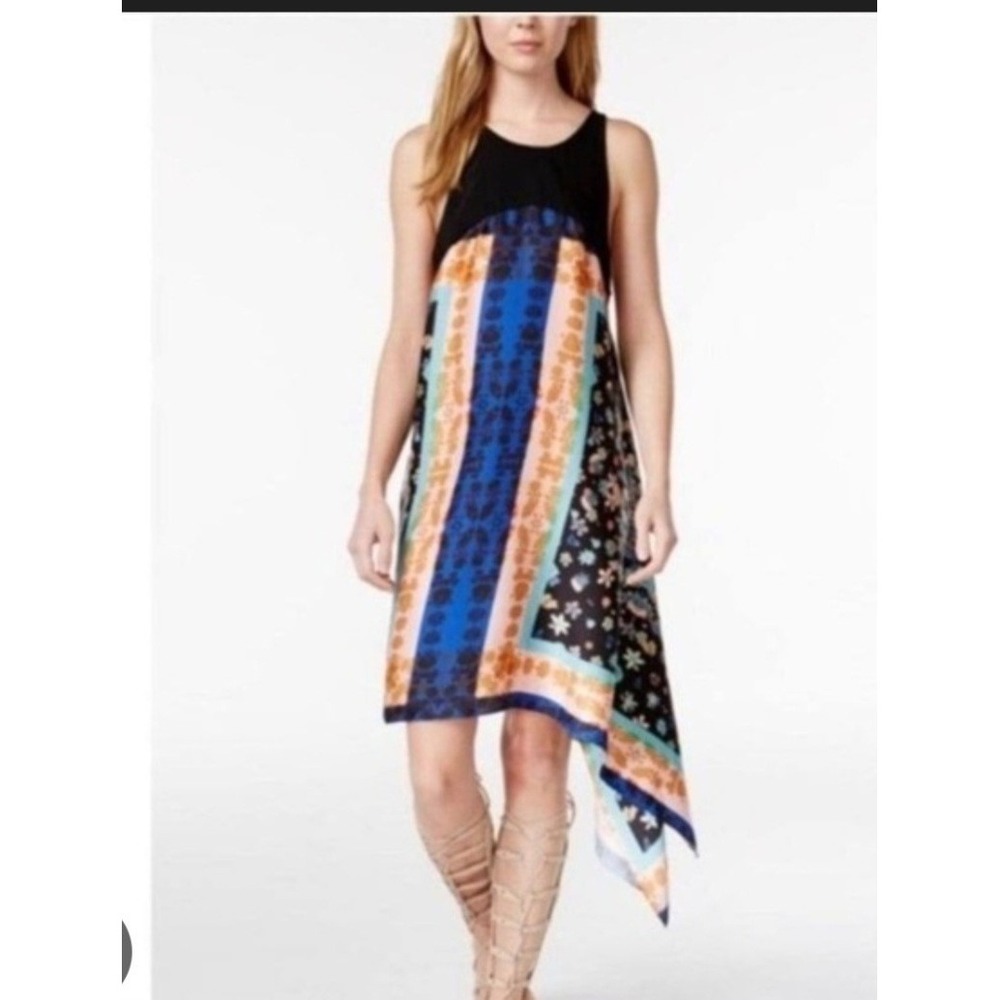 RACHEL ROY Womens Patchwork Floral Sleeveless Hankerchief Dress Racerback Sz L